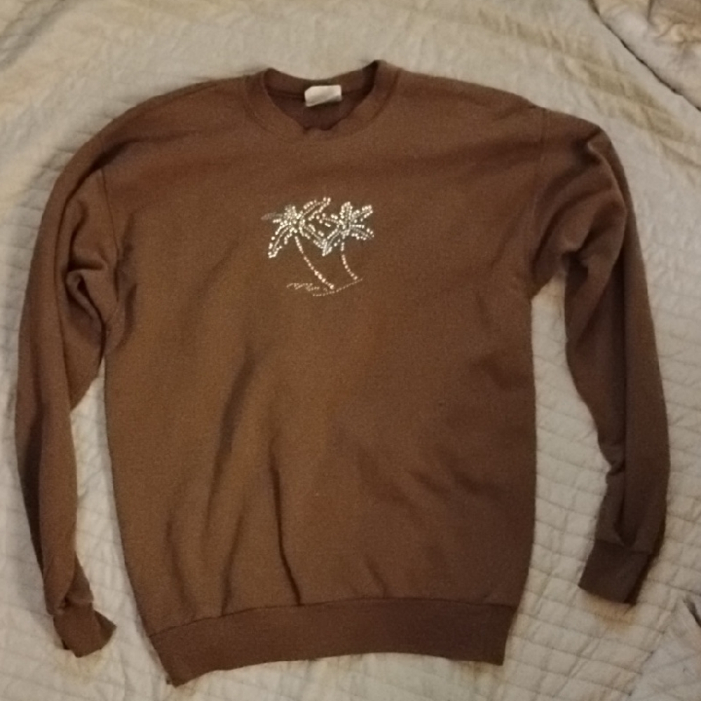 Hanes Brown Crewneck Sweater with Palm Tree Design